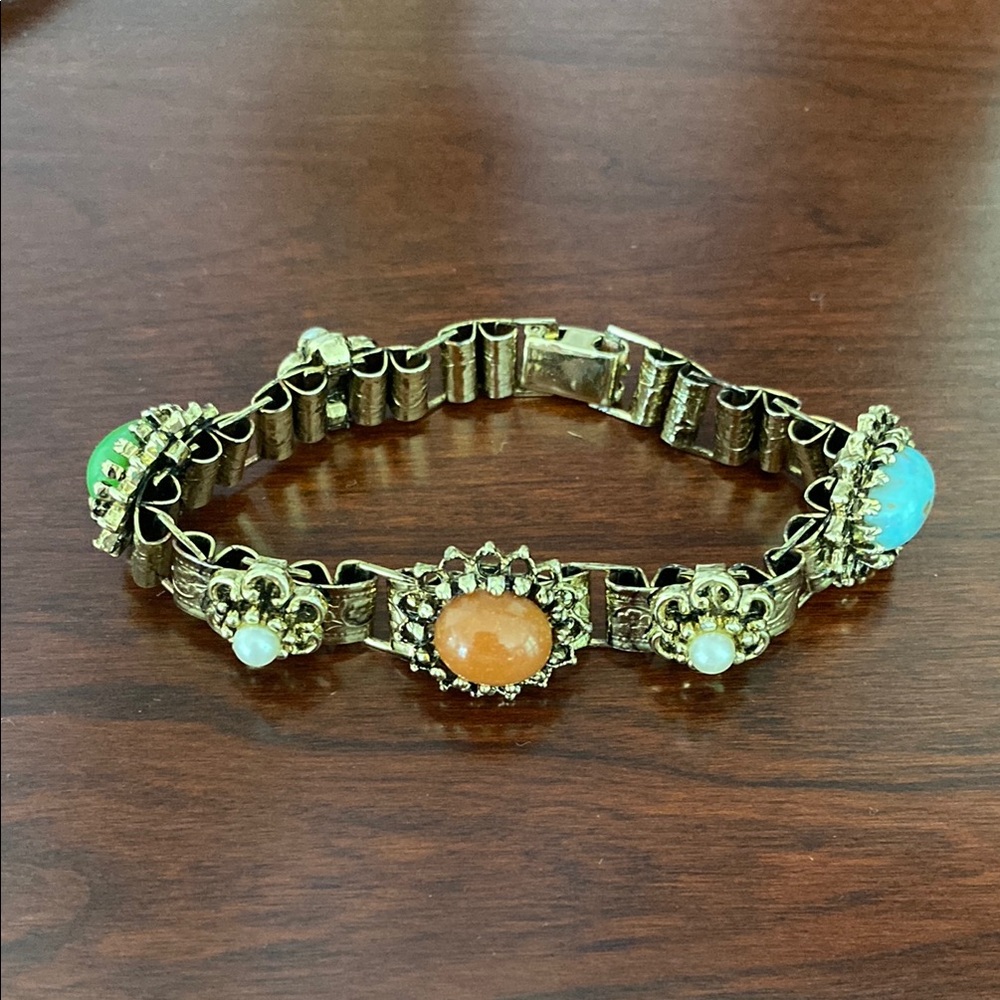 Vintage Gold Bracelet with Orange and Blue Accents